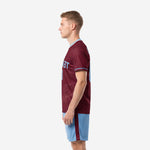 Right side view of custom retro soccer uniform in maroon and powder blue showing maroon side stripe on shorts