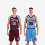 Detail view of armhole binding and V-neck construction on maroon and light blue reversible basketball uniform