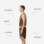 Back view of custom reversible basketball uniform set showing back number placement on both the brown and cream sides