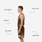 Custom reversible basketball uniform set back view showing brown side with cream back number and player name print zones