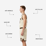 Close-up of brown basketball shorts with cream topographic contour pattern, cream waistband stripe, and player number on leg