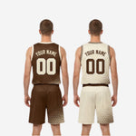 Close-up detail of halftone dot sublimation print on chocolate brown reversible basketball jersey front panel