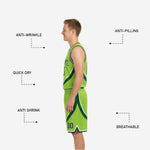 Size chart for custom green reversible basketball uniform sets showing youth and adult sizing options