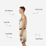 Size and specification sheet for custom reversible basketball uniform sets in brown and cream, youth and adult sizing chart