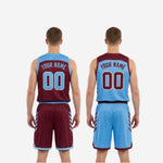 Size and specification sheet for custom maroon and light blue reversible basketball uniform set in youth and adult sizing