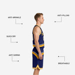 Close detail of the sublimated diagonal swoosh stripe on the navy and gold reversible basketball jersey showing colorfast print quality