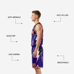 Back view of custom reversible team basketball uniforms showing back number and name print zones on purple side