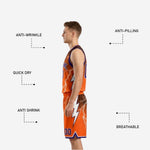 Close-up detail of white lightning bolt sublimation print on purple basketball jersey fabric