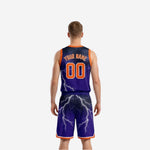 Purple and orange reversible basketball uniform side view showing armhole binding and lightning panel detail