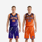 Reversible basketball shorts detail showing orange and purple hem binding and player number on shorts leg