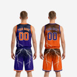 Size and specification sheet for custom reversible team basketball uniforms in purple and orange