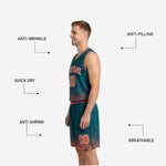 Back view of teal side custom reversible team basketball uniform showing back number placement and sublimated dot pattern on jersey and shorts
