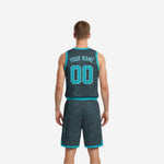 Size and specification sheet for custom teal and charcoal reversible basketball uniforms in youth and adult sizes