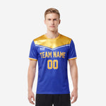 Custom Royal Blue and Athletic Gold soccer jersey with chevron yoke panel and team name on chest, front view on male model