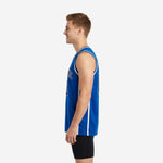 Left side view of custom royal blue basketball jersey with white armhole binding and full-length white side panel for adult rec league players