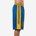 Back view of custom royal blue basketball shorts with gold side panels, black stripe waistband, and open back panel for name or logo print