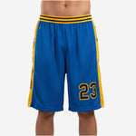 Custom royal blue basketball shorts with gold side panels and black stripe waistband, front and back view for team orders