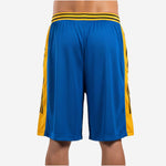 Front view of custom royal blue basketball shorts showing player number 23 on right thigh, gold side panels, and elastic waistband with black stripe trim