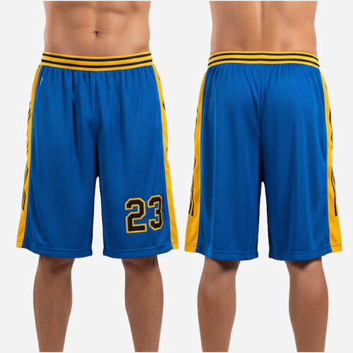 Left side view of custom royal blue basketball shorts showing full-length gold side panel with black inner-edge sublimated stripe
