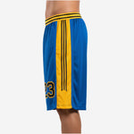 Right side view of custom royal blue basketball shorts with gold panel and black sublimated stripe detail running from waistband to hem