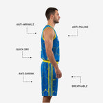 Back view of custom royal blue basketball uniform set displaying back name and number print zones on hex patterned jersey