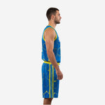 Front view of custom royal blue basketball uniform set showing hex tech print, yellow V-neck binding, chest team name, and front number 10