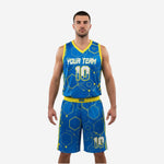 Custom royal blue basketball uniforms with yellow hex pattern, V-neck jersey and matching shorts, front view on adult male model