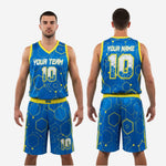 Size and specification sheet for custom royal blue basketball uniforms showing youth and adult sizing options for full team orders