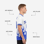 Close-up of double-stripe Royal Blue ribbed cuff detail on custom royal blue soccer jersey