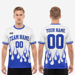 Close-up of Royal Blue crew neckline ribbed trim on custom white and blue flame soccer jersey
