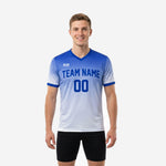 Adult male model wearing a custom royal blue practice jersey with white gradient fade and blue V-neck trim, front view