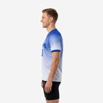 Right side view of a custom royal blue soccer practice jersey showing gradient fade from Royal Blue shoulders to white hem
