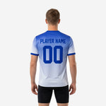 Close-up of chest print on custom royal blue practice jersey showing sublimated team name and front number in Royal Blue