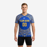 Custom royal blue practice jersey with Athletic Gold mandala print and team name on chest, mens front view