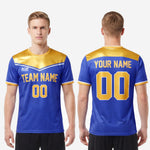Custom Royal Blue soccer jersey back view showing player name and number print zones in Athletic Gold sublimation