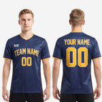 Custom royal blue soccer jersey back view showing player name and number printed in Athletic Gold sublimation
