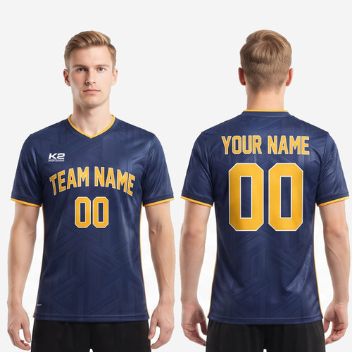 Custom royal blue soccer jersey back view showing player name and number printed in Athletic Gold sublimation