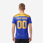 Athletic Gold V-shaped chevron yoke panel detail on custom Royal Blue soccer jersey with white chest stripe