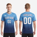 Custom royal blue soccer jersey full squad kit showing gradient sublimation print in sky blue and navy blue