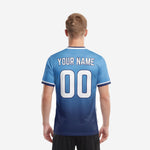 Custom royal blue soccer jersey back view showing player name and number print zones on gradient body