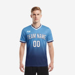 Custom royal blue soccer jersey with sky to navy gradient front view on male model showing team name and number