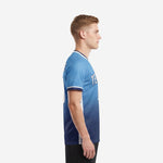 Custom royal blue soccer jersey left side view showing white mesh side panel and short sleeve cuff trim