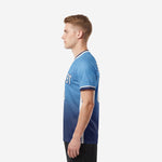 Custom royal blue soccer jersey right side view showing navy to sky blue gradient and athletic cut fit