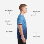 Custom royal blue soccer jersey V-neck collar detail with white and navy contrast trim
