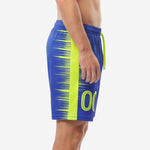 Sublimated soccer shorts with player numbers in Royal Blue and neon yellow, left side panel view