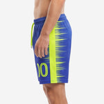 Royal Blue soccer shorts with neon yellow spike-burst side panel and leg number, right side view