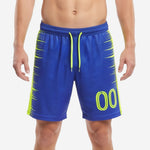 Custom Royal Blue soccer shorts with player numbers and neon yellow spike side panels, front view on male model