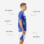 White custom soccer shorts with Royal Blue geometric side panels matching the blue soccer uniform jersey