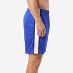 Custom royal blue soccer shorts left side view showing Navy and White contrast side panel stripe
