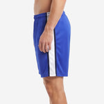 Custom royal blue soccer shorts right side view showing full-length Navy and White side panel stripe